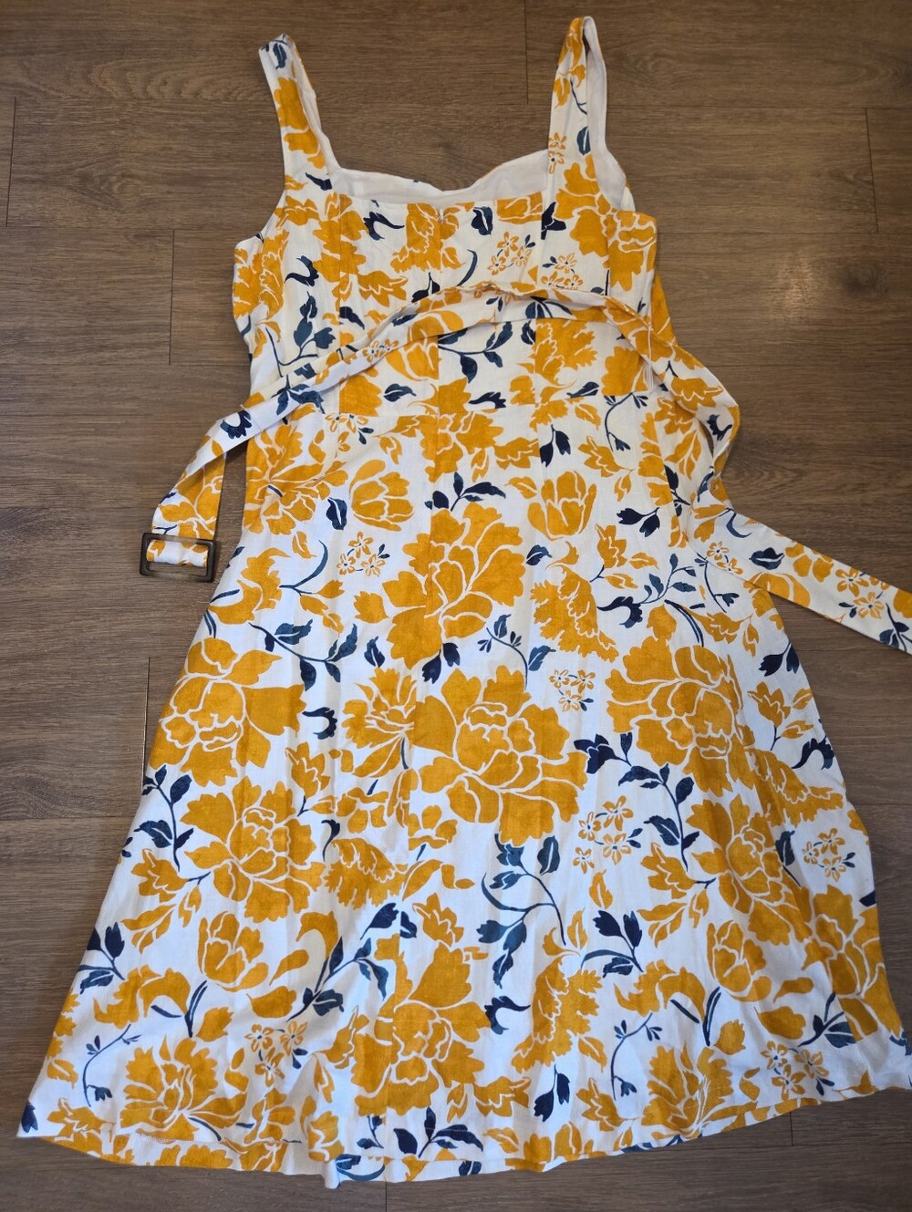 Ann Taylor Dress Linen Blend Belted Yellow White Floral Size 14 - Picture 5 of 8